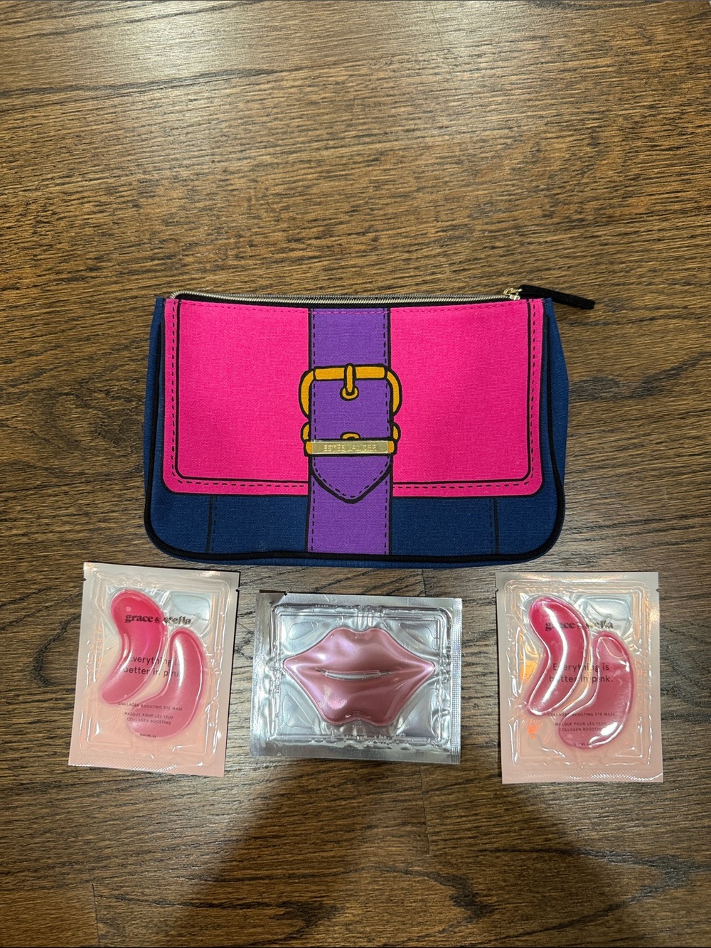Estee Lauder Pink, Navy & Purple Cosmetic Pouch with Pink Lip/Eye Masks